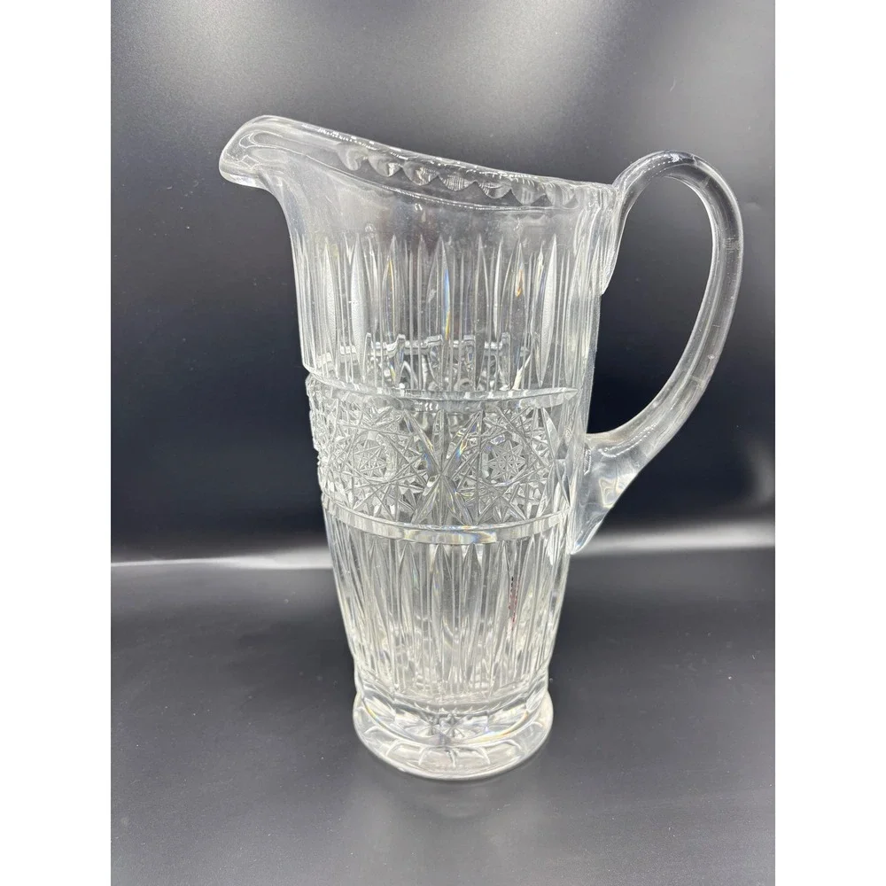 Vintage Cut Glass Water Pitcher Clear‎ Crystal Starburst Pattern 10 Inch Tall